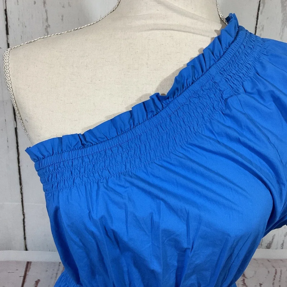 J. Crew One Shoulder Midi Dress Smocked Waist Pockets Blue Size S Wedding Resort